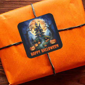 Halloween Haunween House med Pumpkins Party Fyrkantigt Klistermärke