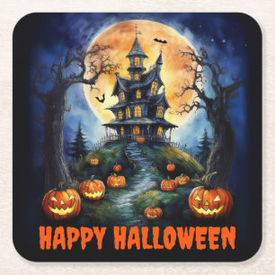 Halloween Haunween House med Pumpkins Party Underlägg Papper Kvadrat