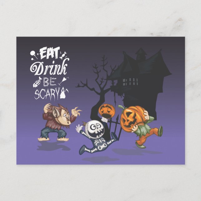 Halloween Haunween House Werevarv Skeleton Pumpkin Vykort (Framsida)