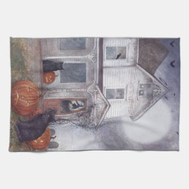 Halloween Hauted House med svart katt Kökshandduk