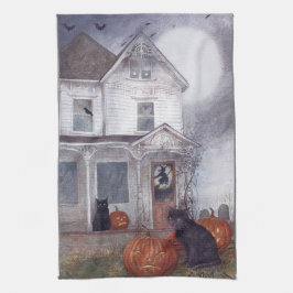 Halloween Hauted House med svart katt Kökshandduk