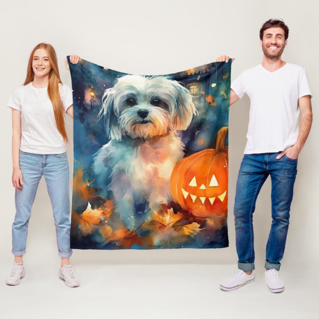 Halloween Havanese Med Pumpa Skräck Fleecefilt (På plats)