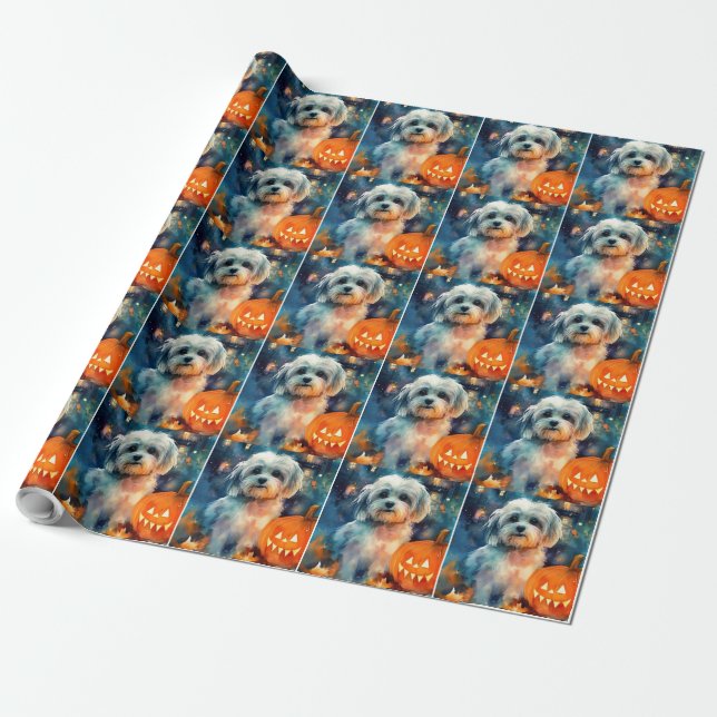 Halloween Havanese Med Pumpa Skräckinjagande Presentpapper (Utrullad)