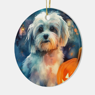 Halloween Havanese with Pumpkins Scary Julgransprydnad Keramik