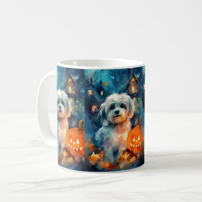 Halloween Havanese with Pumpkins Scary Kaffemugg (Framsida vänster)
