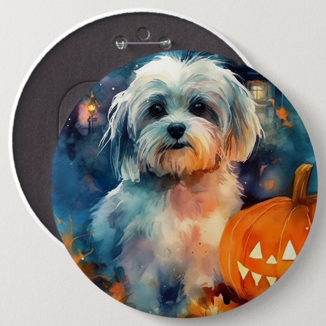 Halloween Havanese with Pumpkins Scary Knapp (Framsida & baksida)