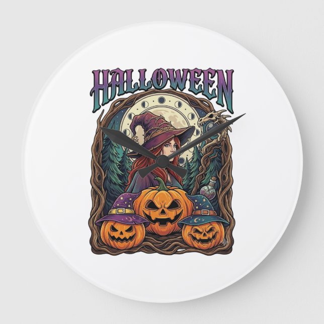 Halloween Häx Pumpa Månfaser_1 Stor Klocka (Framsida)