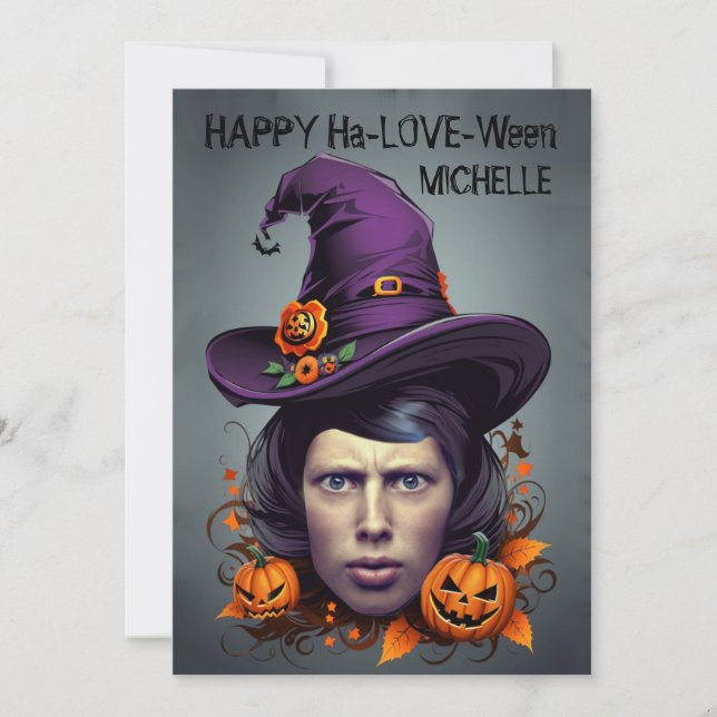 Halloween häxa ansikte i hål hälsning inbjudningar (Framsida)