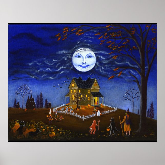 Halloween,häxa,djävulen,måne,spöke,fladdermus,pump Poster (Framsidan)