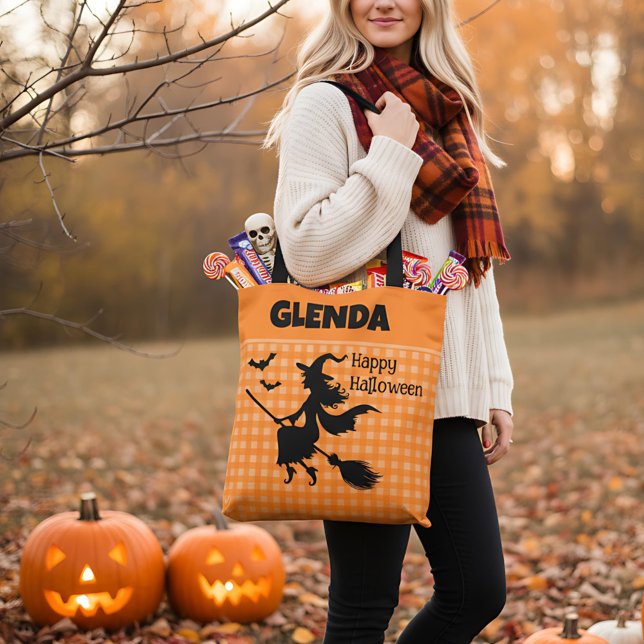 Halloween Häxa & Fladdermöss Orange Rutig Anpassat Tygkasse (Skapare uppladdad)