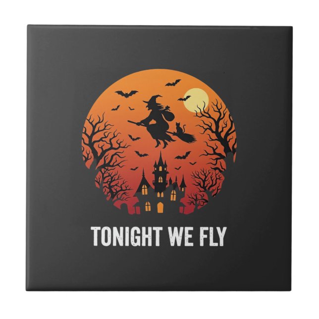 Halloween-häxa flygande natt grafisk design_1 kakelplatta (Framsidan)