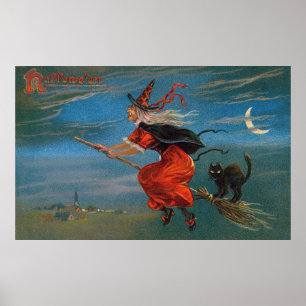 Halloween häxa flygande svart katt på natten poster