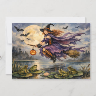 Halloween-häxa flyger över dammen med grodor kort