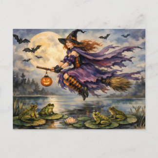 Halloween-häxa flyger över dammen med grodor vykort