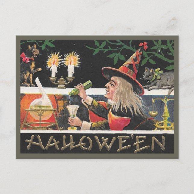 Halloween-häxa från vintage blandar magisk dryck vykort (Framsida)