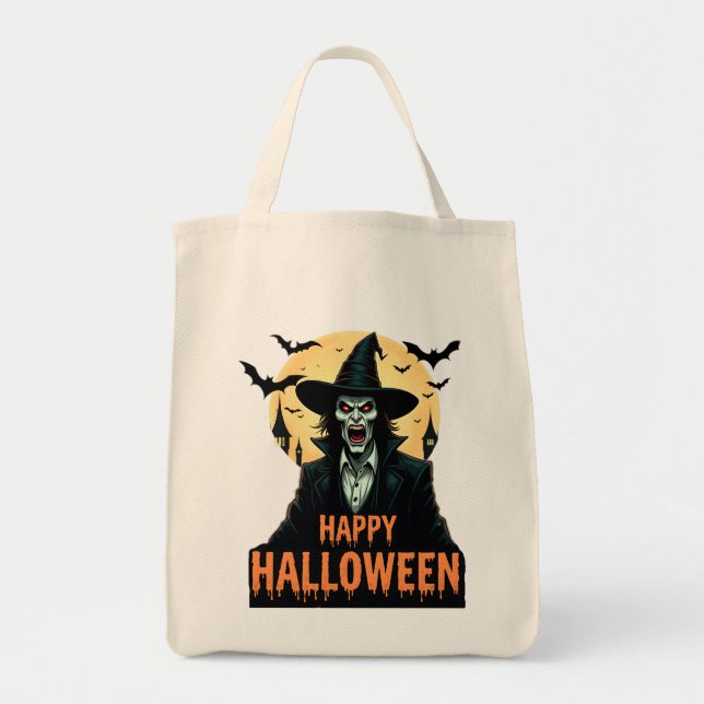 halloween, häxa, fullt, måne, fladdermus, spooky,  tygkasse (Framsidan)