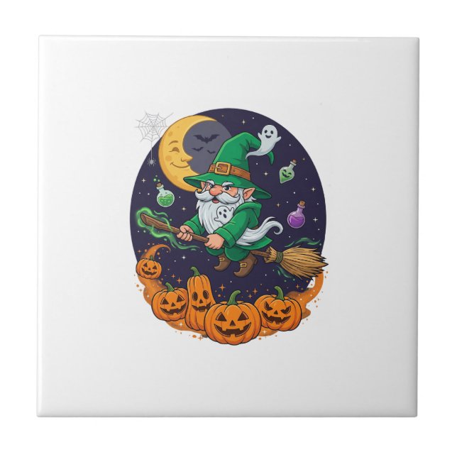 Halloween Häxa Gnome Kvast Pumpor Måne Kakelplatta (Framsidan)