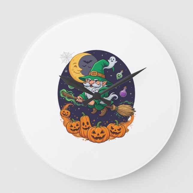 Halloween Häxa Gnome Kvast Pumpor Måne Stor Klocka (Framsida)