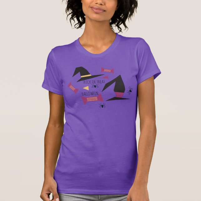 Halloween Häxa Godis Spindlar Lila T Shirt (Framsida)