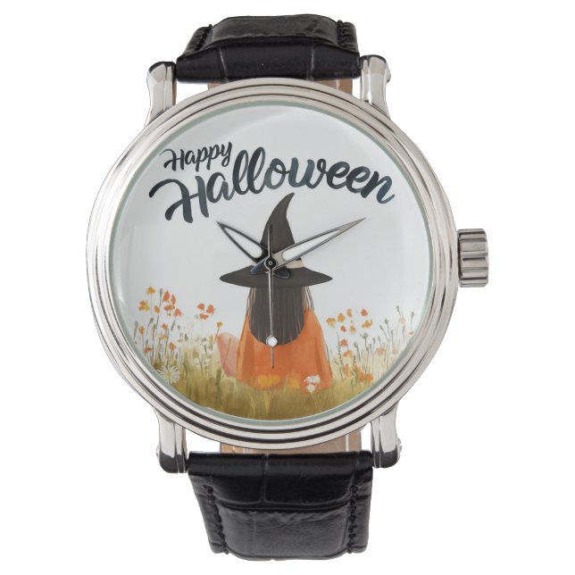 Halloween-häxa i blomsterfält armbandsur (Framsida)