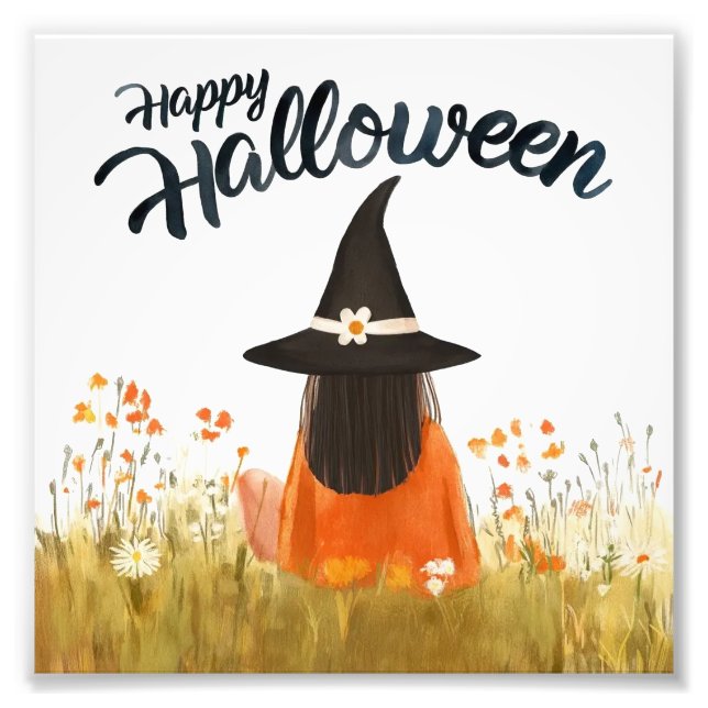 Halloween-häxa i blomsterfält fototryck (Framsidan)