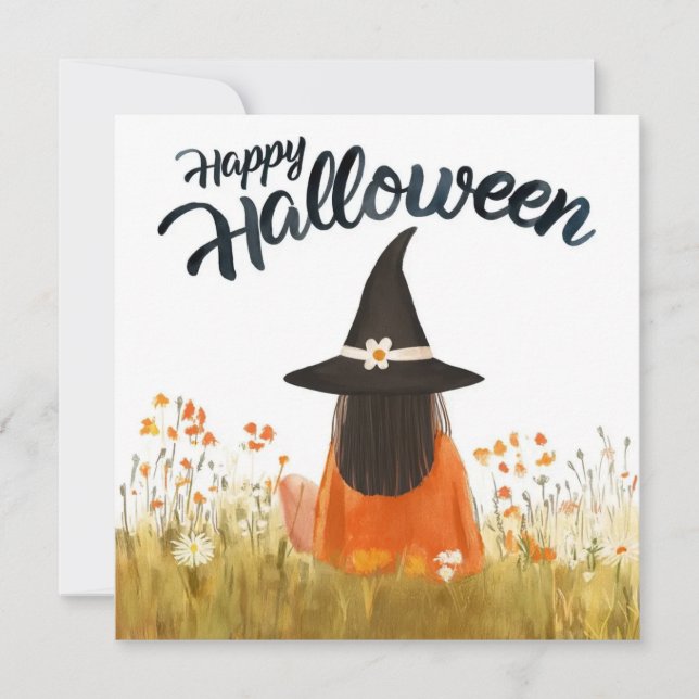 Halloween-häxa i blomsterfält inbjudningar (Framsida)