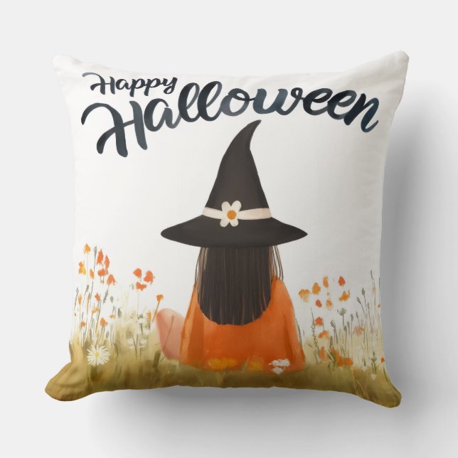 Halloween-häxa i blomsterfält kudde (Framsida)