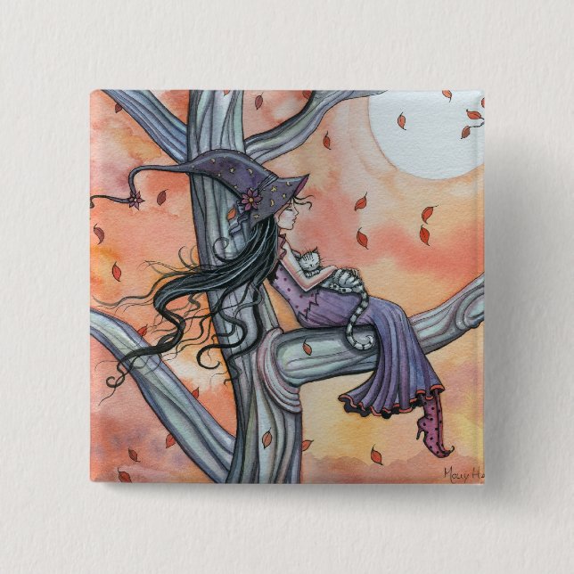 Halloween Häxa Katt Knapp Pin (Framsida)