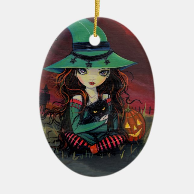 Halloween-häxa katt och Jack-o-Lykt Ornament (Framsidan)