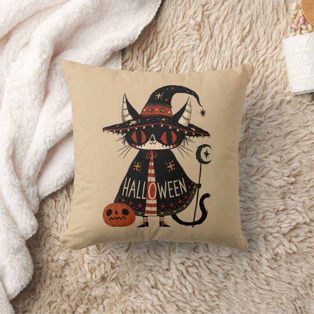 Halloween Häxa Katt och Pumpa Kudde (Filt)