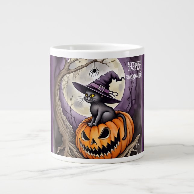Halloween, Häxa Katt På Jack O Lantern  Jumbo Mugg (Framsidan)