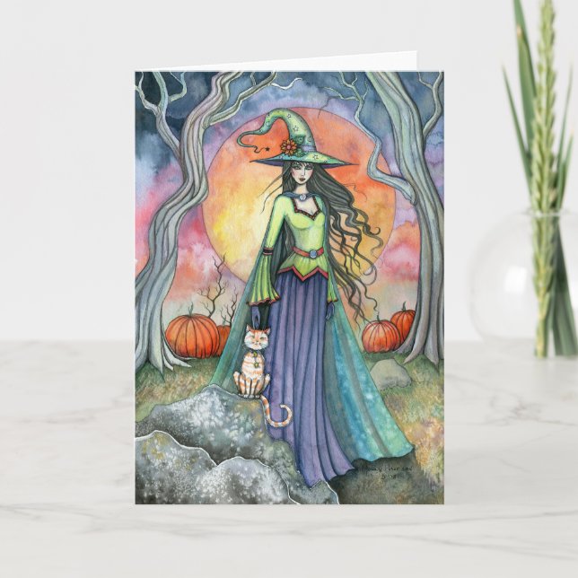 Halloween Häxa Katt Pumpa Kort (Framsida)