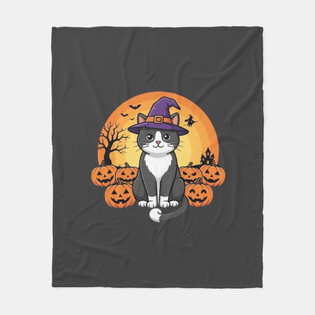 Halloween Häxa Katt Pumpa Måne Design_1 Fleecefilt (Framsidan)