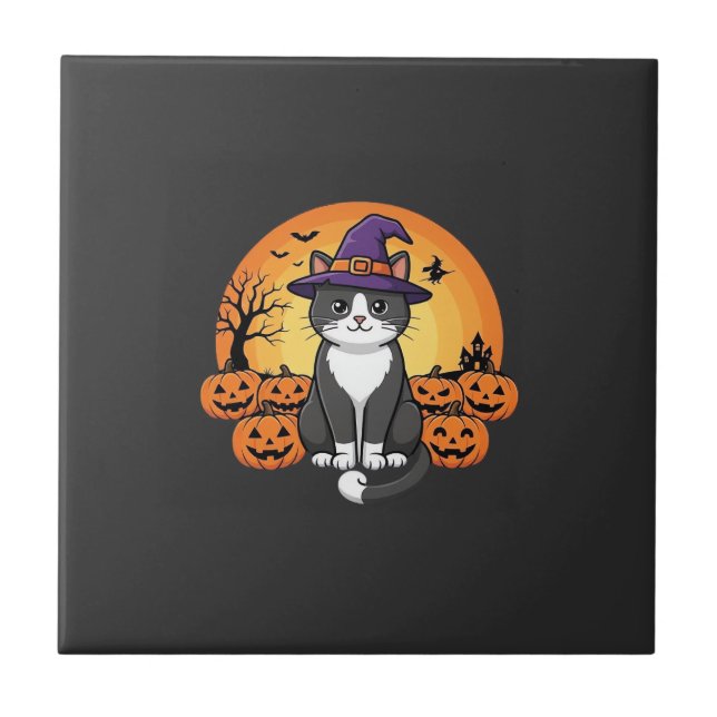 Halloween Häxa Katt Pumpa Måne Design_1 Kakelplatta (Framsidan)