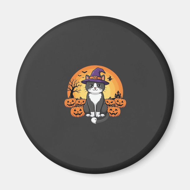 Halloween Häxa Katt Pumpa Måne Design_1 Magnet (Framsidan)
