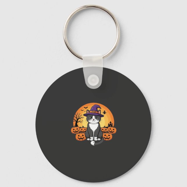Halloween Häxa Katt Pumpa Måne Design_1 Nyckelring (Framsida)