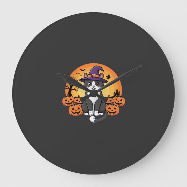 Halloween Häxa Katt Pumpa Måne Design_1 Stor Klocka (Framsida)