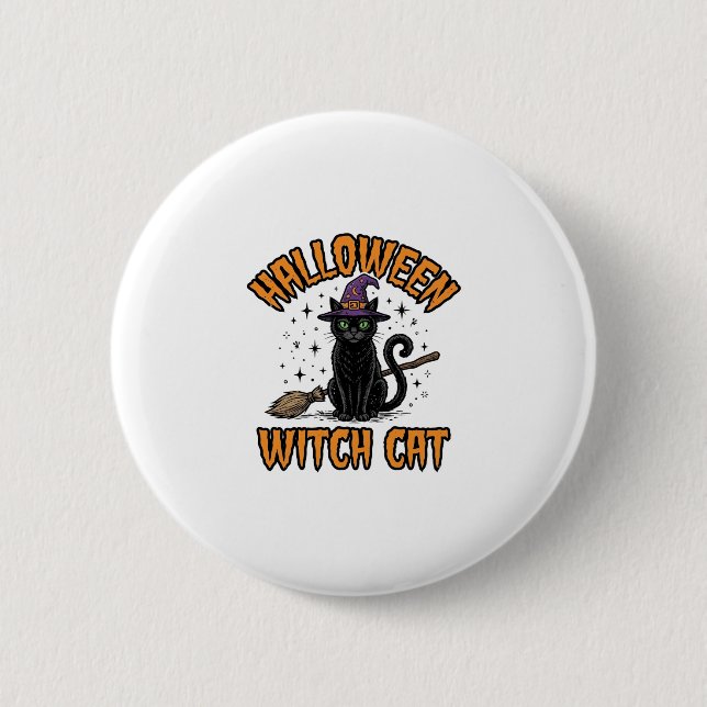 Halloween Häxa Katt Vintage Gravyr Design_1 Knapp (Framsida)