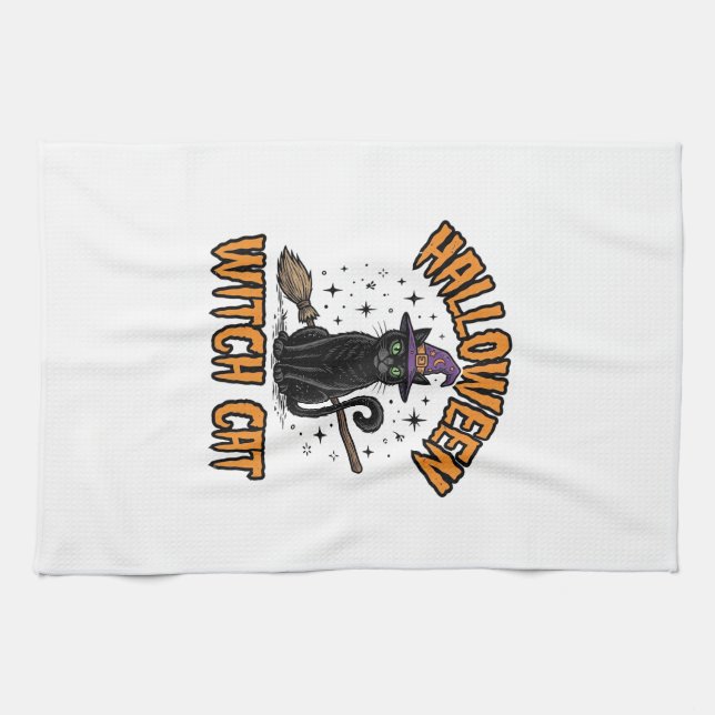 Halloween Häxa Katt Vintage Gravyr Design_1 Kökshandduk (Horisontell)