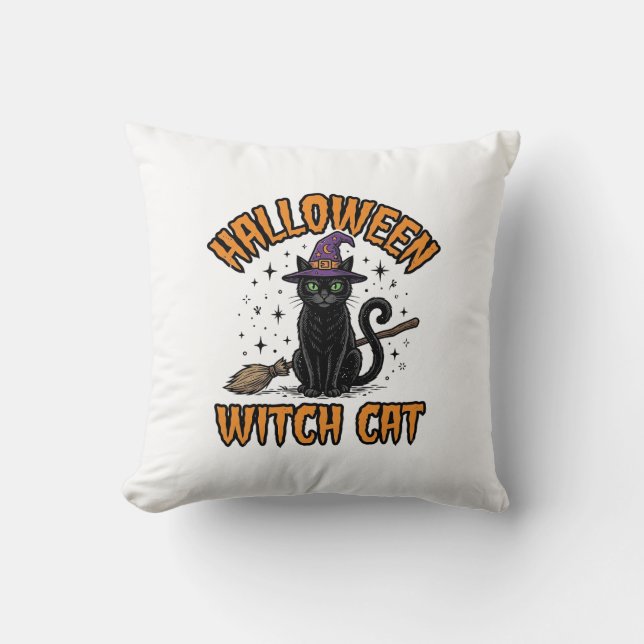 Halloween Häxa Katt Vintage Gravyr Design_1 Kudde (Framsida)