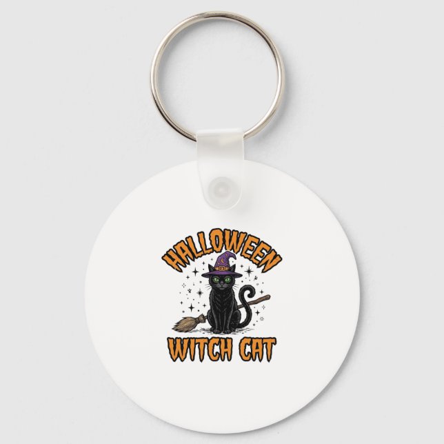 Halloween Häxa Katt Vintage Gravyr Design_1 Nyckelring (Framsida)