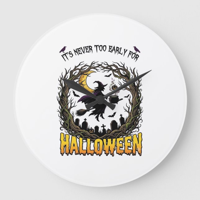 Halloween Häxa Kittel Måne Kyrkogård Skev Träd Stor Klocka (Framsida)