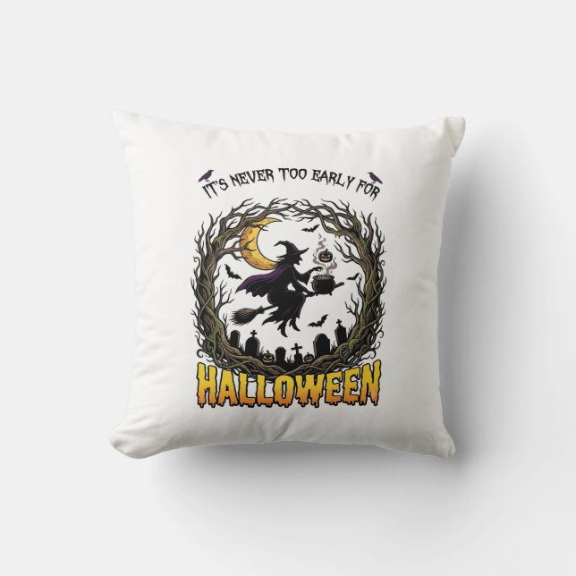 Halloween Häxa Kittel Måne Kyrkogård Vriden Träd Kudde (Framsida)
