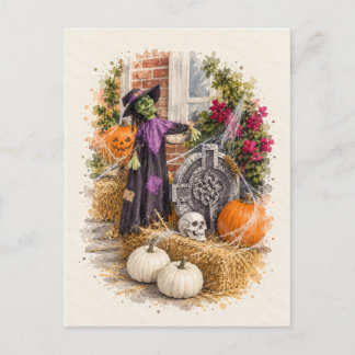 Halloween-häxa Kyrkogård Vattenfärg Postkort Helg Vykort