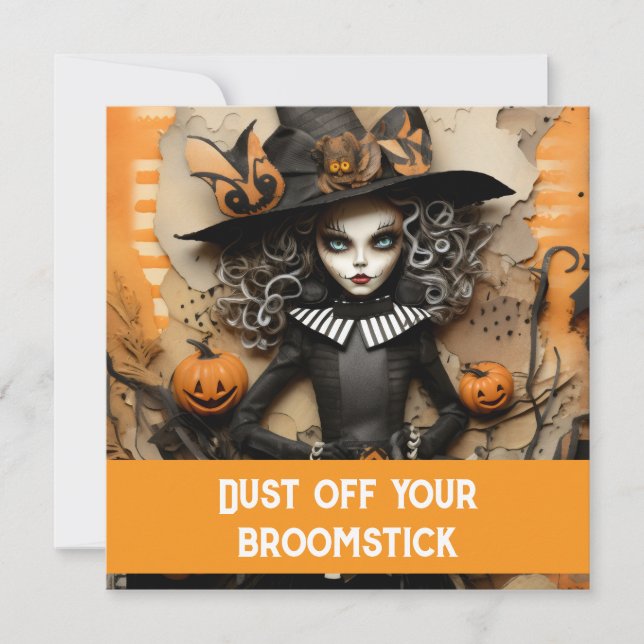 Halloween-häxa med pumpor inbjudningar (Framsida)