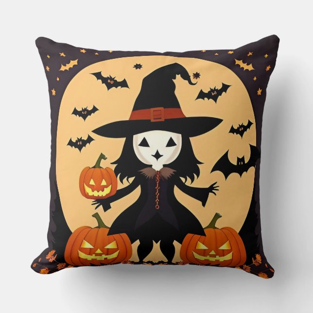 Halloween-häxa med pumpor kudde (Framsida)