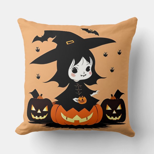 Halloween-häxa med pumpor kudde (Framsida)