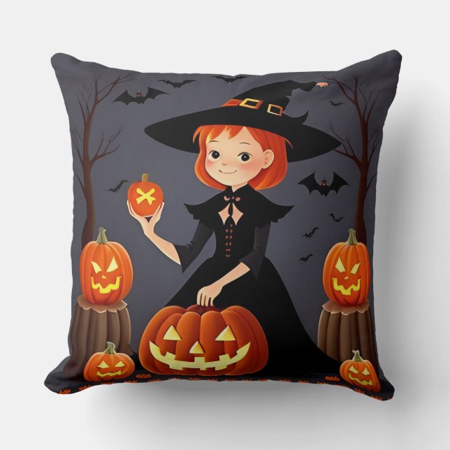 Halloween-häxa med pumpor kudde (Framsida)