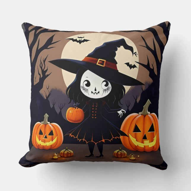 Halloween-häxa med pumpor kudde (Framsida)