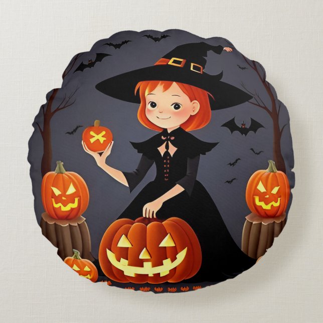 Halloween-häxa med pumpor rund kudde (Framsidan)